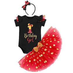 Baby Mädchen 3. Geburtstag Outfits Kurzarm T-Shirt Top+Polka Dot Tüll Tutu Rock+Minnie Mouse Stirnband 3tlg Prinzessin Geburtstagsparty Kleid Kuchen Smash Fotoshooting Schwarz+Rot-3 3 Jahre von IBTOM CASTLE