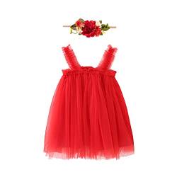 Baby Mädchen Tutu Kleid & Blume Stirnband 2Stück Ärmellos Sling Tüll Kleid Puffly A-Linie Prinzessin Party Kleid Erster Geburtstag Kuchen Smash Fotoshooting Sommer Outfit Rot 9-12 Monate von IBTOM CASTLE