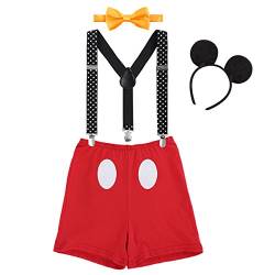 Baby Mickey Mouse 1./2./3. Geburtstag Halloween Kostüm Outfit Unterhose+Fliege+Y-Form Hosenträger+Maus Ohren 4pcs Bekleidungssets Fotoshooting Kostüm für Unisex Jungen Mädchen 0099 Rot 12-18 Monate von IBTOM CASTLE