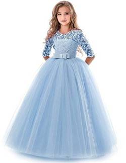 Blumenmädchen Kleider Mädchen Kinder Festlich Hochzeits Kleid Prinzessin Brautjungfern Anlässe Partykleider Festzug 3/4 Arm Spitzenkleid Tüllkleid Erstkommunion Kleider Abendkleid Blau 7-8 Jahre von IBTOM CASTLE