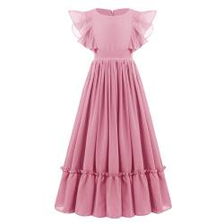 Blumenmädchenkleid Kinder Chiffon Kleid Mädchen Hochzeit Brautjungfer Maxikleid Elegant Rüsche Abendkleid Festkleid Geburtstag Partykleid Ballkleid Sommerkleid mit Schleife Gürtel Rosa 6-7 Jahre von IBTOM CASTLE