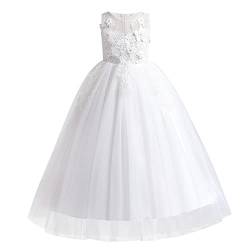 Blumenmädchenkleid Spitze Tüll Prinzessinnen kleid Elegantes langes Abschlussballkleid Kinder Festlicher Festzug Hochzeit Brautjungfern Cocktail Partykleid Erstkommunion Kleid Weiß Spitze 13-14 Jahre von IBTOM CASTLE