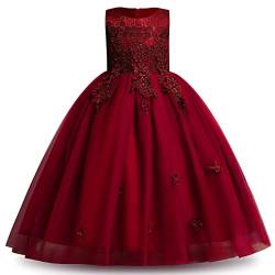 Blumenmädchenkleid Spitze bestickt Tüll Prinzessinnen kleid langes Abschlussballkleid Kinder Festlicher Festzug Hochzeit Brautjungfern Cocktail Partykleid Erstkommunion Kleid Burgund 9-10 Jahre von IBTOM CASTLE