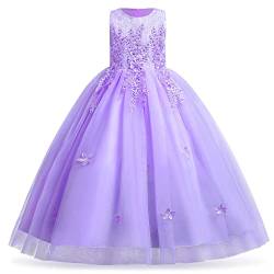 Blumenmädchenkleid Spitze bestickt Tüll Prinzessinnen kleid langes Abschlussballkleid Kinder Festlicher Festzug Hochzeit Brautjungfern Cocktail Partykleid Erstkommunion Kleid Helles Lila 6-7 Jahre von IBTOM CASTLE