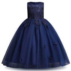 Blumenmädchenkleid Spitze bestickt Tüll Prinzessinnen kleid langes Abschlussballkleid Kinder Festlicher Festzug Hochzeit Brautjungfern Cocktail Partykleid Erstkommunion Kleid Navy blau 6-7 Jahre von IBTOM CASTLE