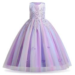 Blumenmädchenkleid Spitze bestickt Tüll Prinzessinnen kleid langes Abschlussballkleid Kinder Festlicher Festzug Hochzeit Brautjungfern Cocktail Partykleid Erstkommunion Kleid Regenbogen lila 7-8 Jahre von IBTOM CASTLE