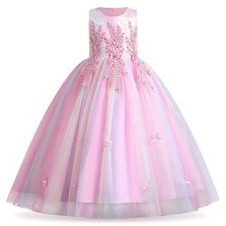 Blumenmädchenkleid Spitze bestickt Tüll Prinzessinnen kleid langes Abschlussballkleid Kinder Festlicher Festzug Hochzeit Brautjungfern Cocktail Partykleid Erstkommunion Kleid Regenbogen rosa 7-8 Jahre von IBTOM CASTLE