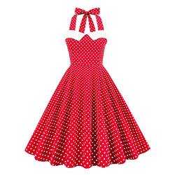 Cocktail Polka Dots Kleid für Frauen Ärmellos Rückenfrei Neckholder 1950s Vintage Kleid A-Line Swing Kleid Audrey Hepburn Fantasie Kleid Rot-Halterung M von IBTOM CASTLE