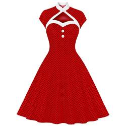 Damen 1950er Vintage Kleid Kappenärmel Stehkragen Cocktail Party Kleid Polka Dot Blumen Audrey Retro A Line Swing Kleid Rot-Schwarz Punkte L von IBTOM CASTLE