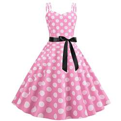 Damen 1950er Vintage Polka Dots Kleid Spaghettiträger Rockabilly Midi Kleid Retro Swing Prinzessin Tee Party A-Linie Kleid Audrey Hepburn 50er 60er Party Tanzkleid mit Gürtel, rose, L von IBTOM CASTLE