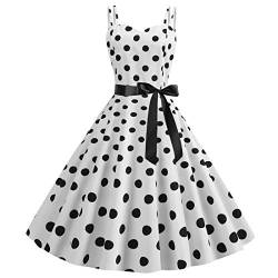 Damen 1950er Vintage Polka Dots Kleid Spaghettiträger Rockabilly Midikleid Retro Swing Prinzessin Tea Party A-Linie Kleid Audrey Hepburn 50er 60er Party Tanzkleid mit Gürtel Weiß 2XL von IBTOM CASTLE