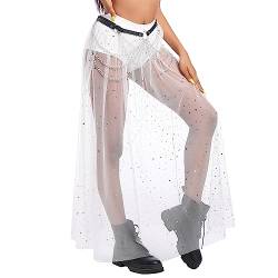 Damen 2 in 1 Transparenter Mesh Rock Shorts Hohe Taille Tüllrock Glitzer Sterne Rüschen Maxirock Sexy Streetwear Party Clubwear Weiß S von IBTOM CASTLE