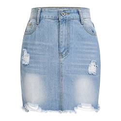 Damen Denim Minirock Raw Saum zerrissen Distressed Jean Rock hohe Taille Bodycon lässig kurzen Rock mit Tasche für Frauen Roher Saum-Blau M von IBTOM CASTLE