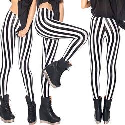 Damen Gestreift Sport Strumpfhose Leggings Vertikal Gestreiften Zebra Fitness Yoga Joggen Pants Athletische Dünne Running Hose Schwarze Weiße Running Workout Stretch Leggins Schwarz und Weiß 2XL von IBTOM CASTLE