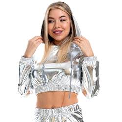 Damen Glänzendes Oberteil Rave Outfit Festival Wetlook Metallic Kapuzenoberteil Holographisch Langarm Kapuzenpullover Kurz Sweatshirt Mädchen Club Party Karneval Halloween Kostüm Silber S von IBTOM CASTLE