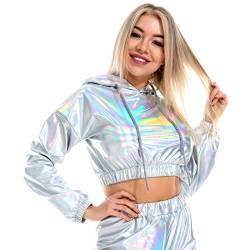 Damen Glänzendes Oberteil Rave Outfit Festival Wetlook Metallic Kapuzenoberteil Holographisch Langarm Kapuzenpullover Kurz Sweatshirt Mädchen Club Party Karneval Kostüm Holographisch Silber L von IBTOM CASTLE