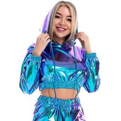 Damen Glänzendes Oberteil Rave Outfit Festival Wetlook Metallic Kapuzenoberteil Holographisch Langarm Kapuzenpullover Kurz Sweatshirt Mädchen Club Party Karneval Kostüm Holographisch blau M von IBTOM CASTLE