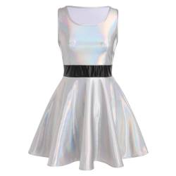 Damen Holographic Glitzer Wetlook Rock Kleid Metallic Skater High Waist Faltenrock Minikleid Damen Halloween Fasching 80er Cartoon Animation Cosplay Kostüm Festival Party Outfit Silber L von IBTOM CASTLE