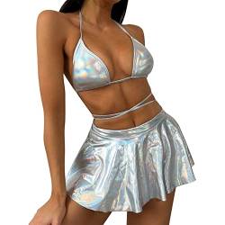 Damen Metallic Rave Outfit Glitzer BH Oberteil Rock Glänzend Fransen Quaste Pailletten Holographisch Bikini Musik Festival Tanz Club Pole Dance Karneval Party Kleid Aliens Kostüm 3er Set Silber05 M von IBTOM CASTLE