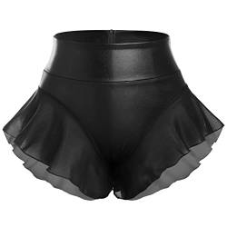 Damen Metallisch Hotpants Glänzende Mini Short Frauen Sexy Glitter Rüschen Rock mit hoher Taille Kurze Hose Wetlook für Tanz Sport Disco Kostüm Fasching Karneval Festival Rave Outfit Schwarz XL von IBTOM CASTLE