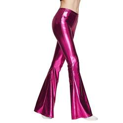 Damen Wetlook Leggings Glitzer Schlaghose Disco Glänz Schlaghose Weite Bein Tanzhosen Vintage 70er Palazzo Hosen Hoher Bund Boot Cut Stretch Smooth Lange Hose Hüfthose Strumpfhose Heißes Rosa L von IBTOM CASTLE