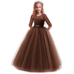 Elegant Prinzessin Kleid Mädchen Abendkleid für Hochzeit Brautjungfer Blumenmädchen 3/4 Arm Spitzenkleid Geburtstag Party Jugendweihe Fasching Cocktail Dance Ballkleid 2-14 Jahre Braun 3-4 Jahre von IBTOM CASTLE