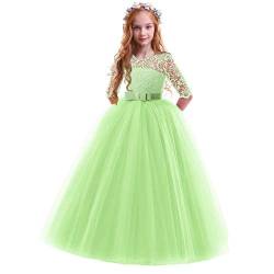 Elegant Prinzessin Kleid Mädchen Abendkleid für Hochzeit Brautjungfer Blumenmädchen 3/4 Arm Spitzenkleid Geburtstag Party Jugendweihe Fasching Cocktail Dance Ballkleid Gras-Grün 11-12 Jahre von IBTOM CASTLE