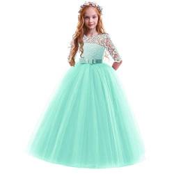 Elegant Prinzessin Kleid Mädchen Abendkleid für Hochzeit Brautjungfer Blumenmädchen 3/4 Arm Spitzenkleid Geburtstag Party Jugendweihe Fasching Cocktail Dance Ballkleid Minzgrün 13-14 Jahre von IBTOM CASTLE