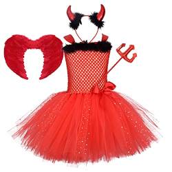 Engelskostüm kinder Mädchen, Engels und Teufel engelsflügel kostüm Tutu Kleid mit Horn Stirnband Pitchfork Engelsflügel Set Fur Karneval Halloween Weihnachten Karneval Rot+Schwarz 11-12 Jahre von IBTOM CASTLE