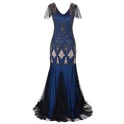 IBTOM CASTLE 1920er Jahre Kleid Damen Pailletten V-Ausschnitt Fransenkleid Charleston Kleid 20er Jahre Flapper-Kleider Retro Glitzer Party Fasching Kleider Blaues Gold M von IBTOM CASTLE