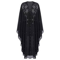 IBTOM CASTLE Abaya für Frauen Muslim, Perlen bestickt Maxi Kaftan Kleid Cardigan Kaftan Dubai Arabisch Kimono Robe, Schwarz - Blume, Einheitsgröße von IBTOM CASTLE