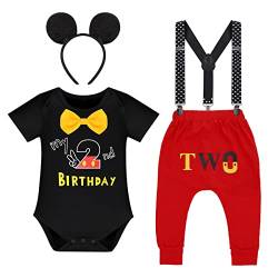 IBTOM CASTLE Baby Jungen 2. Geburtstag Party Mickey Mouse Fancy Outfit Fliege Strampler+Verstellbare Y Hosenträger+Hosen+Stirnband 4pcs Gentleman Fotoshooting Schwarz - 2. Geburtstag 18-24 Monate von IBTOM CASTLE