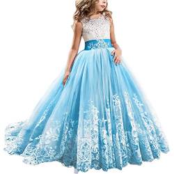 IBTOM CASTLE Blumenmädchen Festkleider Kleid Lang Brautjungfern Hochzeit Festlich Kleidung Festzug #3 Hellblau 8-9 Jahre von IBTOM CASTLE