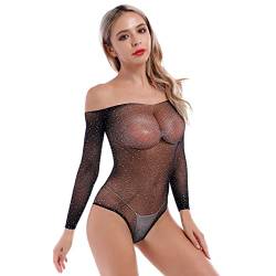 IBTOM CASTLE Body Damen Sexy Dessous Bodysuit Fischnetz Lingerie Bodys Nachtwäsche, Langarm Fischnetz Bodysuit Sparkle Clubwear High Cut Leotard Babydoll Unterwäsche Schwarz One Size von IBTOM CASTLE