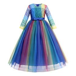 IBTOM CASTLE Brautjungfer Kleider für Mädchen Blumenmädchen Hochzeitskleid Lange Ärmel Schmetterling Festzug Regenbogenblau 5-6 von IBTOM CASTLE