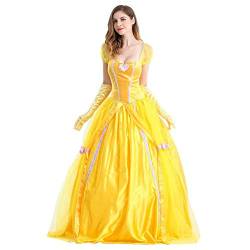 IBTOM CASTLE Damen Belle Kleid Erwachsene Halloween Fasching Karneval Prinzessin Kostüm Festlich Cosplay Party Gelbes Maxikleid mit Handschuhe Märchen Hochzeit Verkleidung Weihnachten Gelb L von IBTOM CASTLE