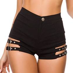 IBTOM CASTLE Damen Gothic Kunstleder Shorts Frauen Sexy Hohe Taille Aushöhlen Pu Leder Kurze Nachtclub Tanz Bodycon Shorts Disco Rave Party Hot Pants Schwarz-Polyester L von IBTOM CASTLE