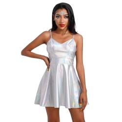 IBTOM CASTLE Damen Metallic Kleid Kurz Minikleid Ärmellos Party Kleid Holografisch Glitzer Wetlook Rock Kleid Kostüm Glänzed Metallic Mottoparty Verkleidung Schlinge Silber S von IBTOM CASTLE