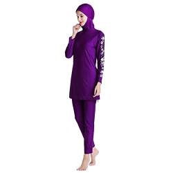 IBTOM CASTLE Damen Muslimische Badeanzug Frauen Burkini Badebekleidung LangarmBescheidenes Schwimmhemd Hose Badekappe Vollständige Abdeckung Islamischer Hijab Arabische Badeanzüge Violett+Blumen XL von IBTOM CASTLE