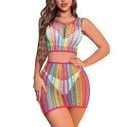 IBTOM CASTLE Damen Regenbogen Durchsichtig Fischnetz Kleid Bunte Mesh-Dessous Sommer Sexy Regenbogen Netzoberteil Bikini Cover Up Rave Festival Outfit Buntes Top + Rock B Einheitsgröße von IBTOM CASTLE