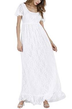 IBTOM CASTLE Damen Umstandskleid Festlich Kleid aus Spitze Kurzarm Mutterschafts Schwangerschaftskleid Frauen Lange Kleidung Elegante Hochzeit Abendkleid Weiß XL von IBTOM CASTLE