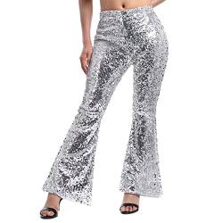 IBTOM CASTLE Damen Vintage Flare Hosen Glitzer Pailletten Schlaghose Glänzenden Tanzhosen Weites Bein Hose Freizeithose Festliche Party Disco Mode Disco Rave Silber L von IBTOM CASTLE