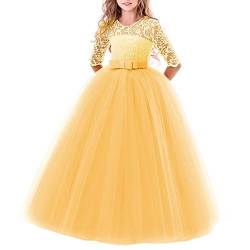 IBTOM CASTLE Elegant Brautjungfer Kleider für Mädchen Blumenmädchen Hochzeitskleid 3/4 Arm Spitzenkleid Tüllkleid Prinzessin Festzug Weihnachten Karneval Abendkleid Partykleid Gelb 7-8 Jahre von IBTOM CASTLE