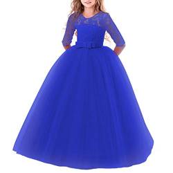 IBTOM CASTLE Elegant Brautjungfer Kleider für Mädchen Blumenmädchen Hochzeitskleid 3/4 Arm Spitzenkleid Tüllkleid Prinzessin Festzug Weihnachten Karneval Abendkleid Partykleid Königsblau 13-14 Jahre von IBTOM CASTLE