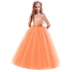 IBTOM CASTLE Elegant Prinzessin Kleid Mädchen Abendkleid für Hochzeit Brautjungfer Blumenmädchen 3/4 Arm Spitzenkleid Geburtstag Party Jugendweihe Fasching Cocktail Dance Ballkleid Orange 13-14 Jahre von IBTOM CASTLE