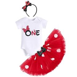 IBTOM CASTLE Erster Geburtstag Mädchen Outfit, Minnie Mouse Kostüm Kinder Kurzarm Baumwolle Strampler+Polka Dot Tutu Rock+Stirnband Cake Smash Baby Fotoshooting Outfit Rot-ONE 1 Jahr von IBTOM CASTLE