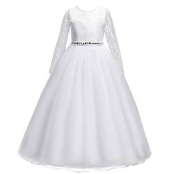 IBTOM CASTLE Festlich Mädchen Kleid für Kinder Sweet Prinzessin Langarm Spitzen Kleider Hochzeit Blumenmädchenkleid weiß 8-9 Jahre von IBTOM CASTLE