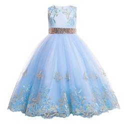 IBTOM CASTLE Festliche Mädchenkleider - Blumenmädchenkleider Ärmellos Regenbogen-Netz Prinzessin KleiderTüll Festzug Geburtstag Abschlussball Brautkleid Abendkleid Blau - Schmetterling 5-6 Jahre von IBTOM CASTLE