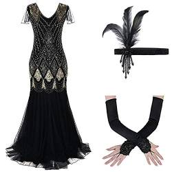 IBTOM CASTLE Flapper-Kleider, 1920er Jahre, Vintage-Stil, V-Ausschnitt, Pailletten, Meerjungfrau-Saum, formelle Abend-Party-Kleider, Cocktail-Maxi-Kleid, Schwarz-Gold + Zubehör, XX-Large von IBTOM CASTLE