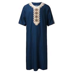 IBTOM CASTLE Herren Muslimischer Robe Thobe Nahen Osten Saudi-Arabisch Thobe 3/4 Ärmel V-Ausschnitt Langes Kleid Thobe Dubai Kaftan Islamisches Kleid Gebetskleidung, dunkelblau, XXL von IBTOM CASTLE